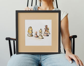 Watercolor Chess Print, Hand Drawn Pieces, Game Room Wall Art (Digital Download)