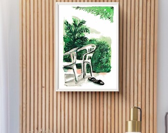 Garden Watercolor Print, Cozy Patio Wall Art, Summer Garden Illustration, Relaxing Outdoor Scene, Digital Download