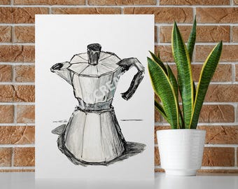 Moka Pot Print, Coffee Wall Art, Minimalist Kitchen Decor, Espresso Maker Sketch, Printable Coffee Illustration, Digital Download