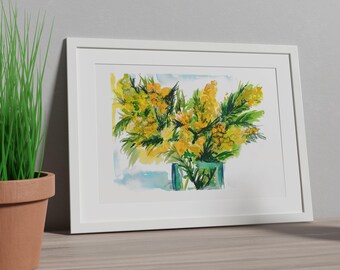 Mimosa Watercolor Print, Yellow Floral Wall Art, Spring Flower Illustration, Botanical Decor, Digital Download