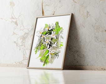 Botanical Watercolor Print, Green Hyacinth Wall Art, Minimalist Botanical Illustration, Printable Floral Decor, Digital Download
