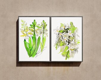 Botanical Watercolor Print Set, Green Floral Wall Art, Minimalist Sketch (Digital Download)