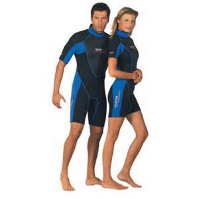 May include: A black and blue short-sleeved wetsuit with a high neck and contrasting blue accents.