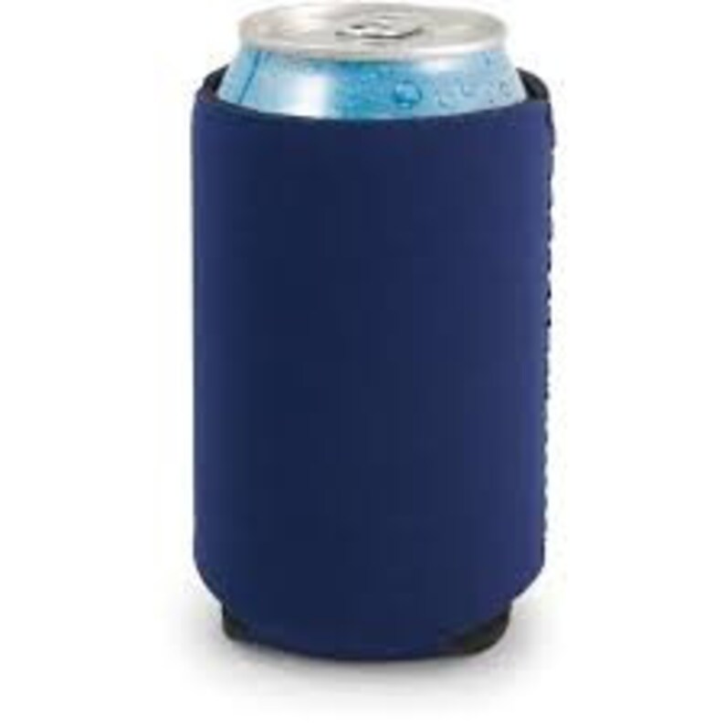 May include: A navy blue neoprene can cooler. The cooler is designed to keep drinks cold.
