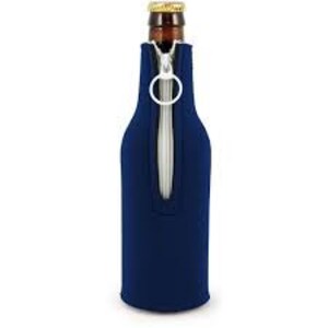 May include: A navy blue neoprene bottle cooler with a zipper closure and a ring pull. The cooler is designed to keep beverages cold.