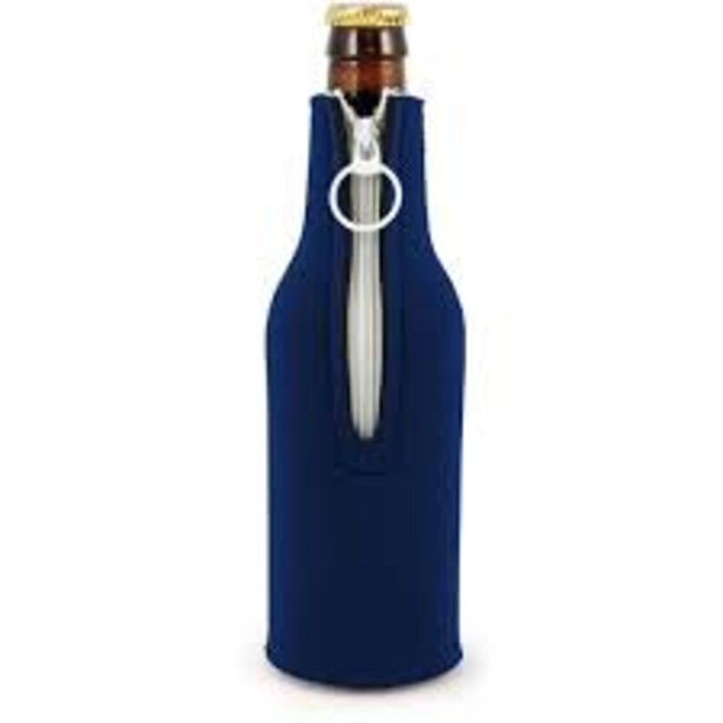 May include: A navy blue neoprene bottle cooler with a zipper closure and a ring pull. The cooler is designed to keep beverages cold.