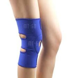 May include: Blue knee support brace with adjustable straps and breathable mesh panels. The brace has the text "MT-GO" printed on it.
