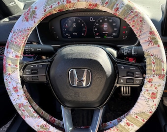 Quilted Floral Cottage Core Universal Fit Steering Wheel Cover with Nonslip Grips