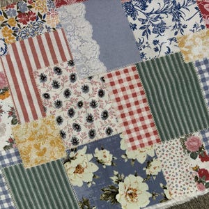 A photo of the patchwork printed fabric. Please note that this is a printed fabric to resemble patchwork, not a hand stitched patchwork.