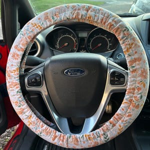Peach Floral Universal Fit Steering Wheel Cover with Nonslip Grips