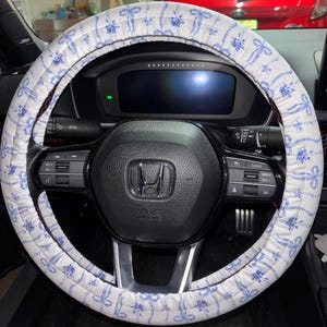 Blue Ribbon Cottage Core Quilt Universal Fit Steering Wheel Cover with Nonslip Grips