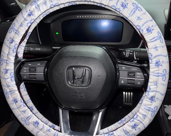 Blue Ribbon Cottage Core Quilt Universal Fit Steering Wheel Cover with Nonslip Grips