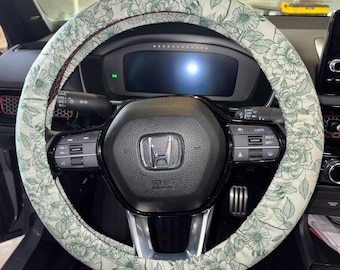 Sage Green Floral Universal Fit Steering Wheel Cover with Nonslip Grips