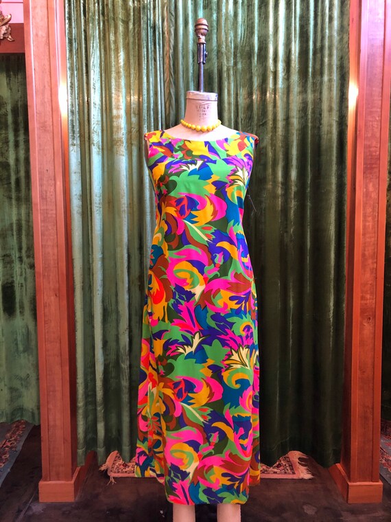1960s Malihini tropical psychedelic maxi dress