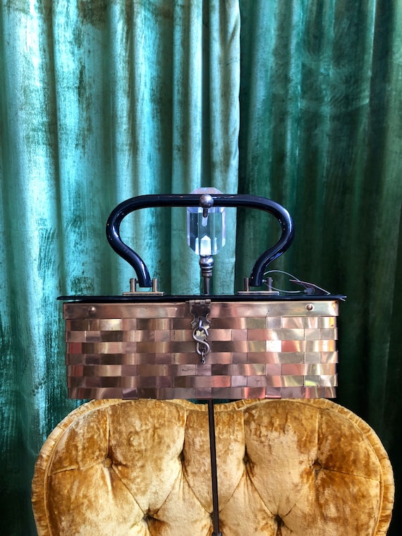 Late 1940s brass basket weave black lucite box pur
