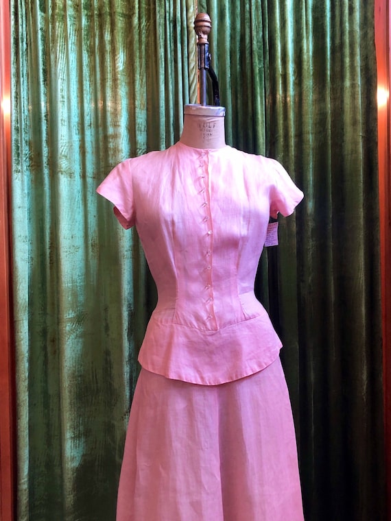 1930s pale pink linen peplum day dress