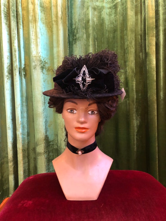 Antique Edwardian velour suffragette hat with ostr