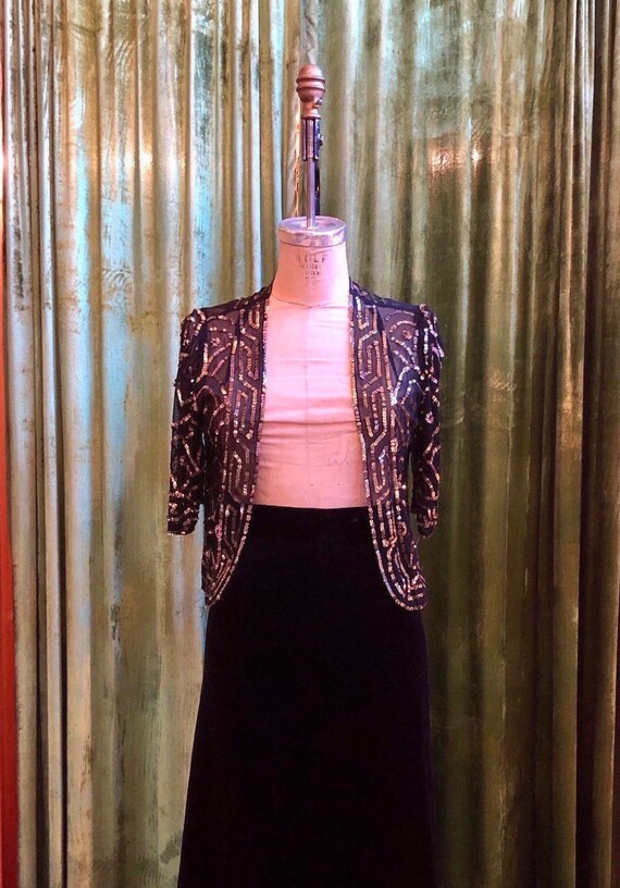 Vintage 1930’s gold sequined sheer black mesh bole