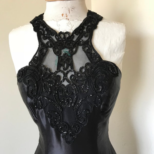 Vintage 1980's Alfred Angelo Black Satin Halter Gown With Black Glitter Embellished Front And Cut Out Open Back.  Size 8/10. Edwardian Style