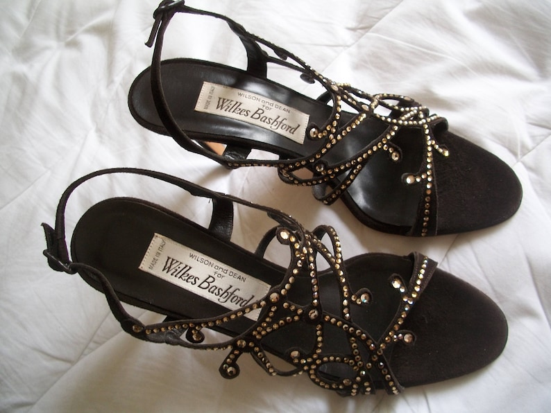 Sz 37 Gorgeous Italian Brown Suede With Rhinestone Filigree Design Sling Back 4 Heels Wilson /& Dean For Wilkes Bashford Made In Italy