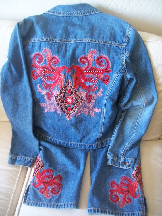 Stunning 1970s Embroidered Denim Jacket & Crop Pan