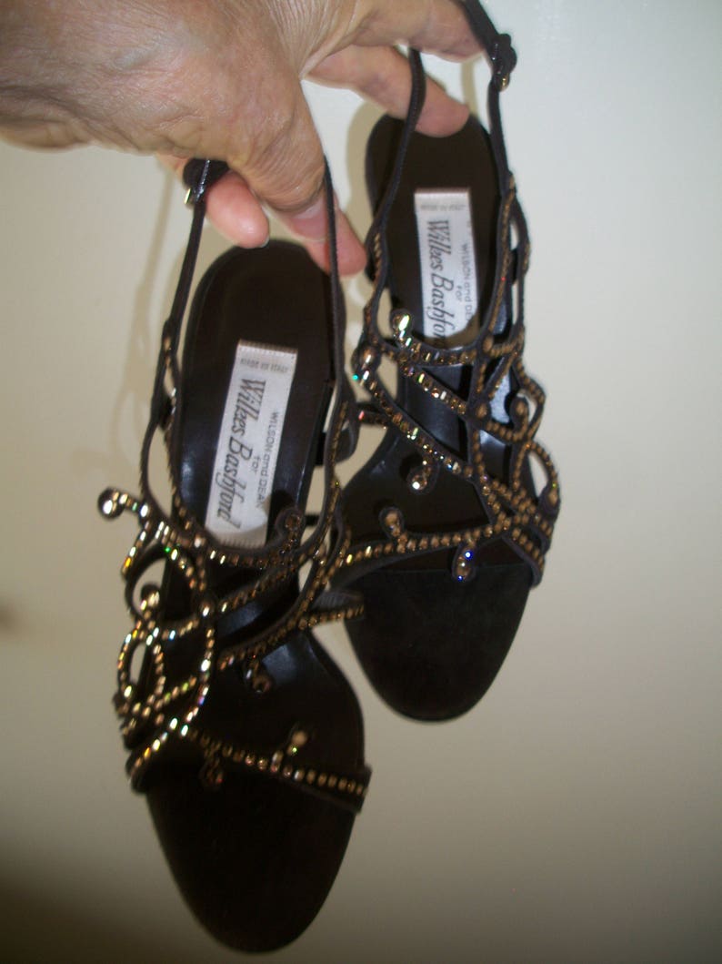Sz 37 Gorgeous Italian Brown Suede With Rhinestone Filigree Design Sling Back 4 Heels Wilson /& Dean For Wilkes Bashford Made In Italy