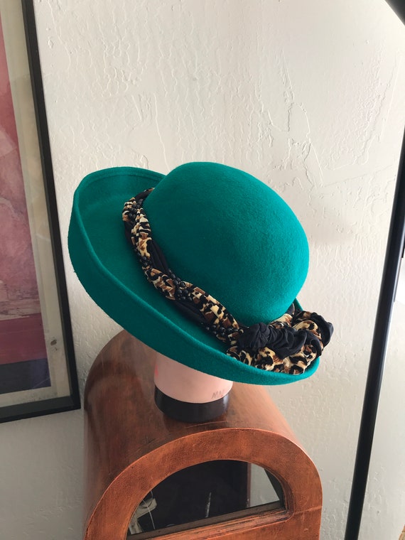 VTG 1980's Green Wool Felt Bowler/Breton Hat With