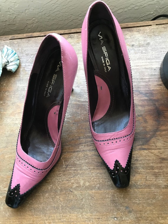 pink and black high heels