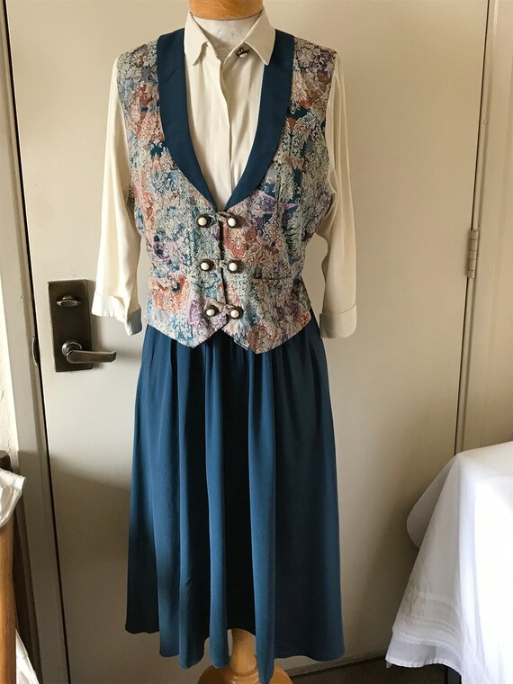 VTG 1980's Forest Green Vest Blouse Dress. One Pie