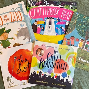May include: A collection of five children's books with colourful covers. The titles include "Poo in the Zoo", "Chatterbox Bear", "The Great Realisation", "Together", and "The Dot".