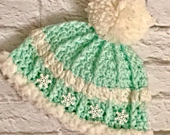 Gorro de ganchillo para recién nacido: Gorro con pompón de copo de nieve color menta, accesorio para fotos de invierno.
