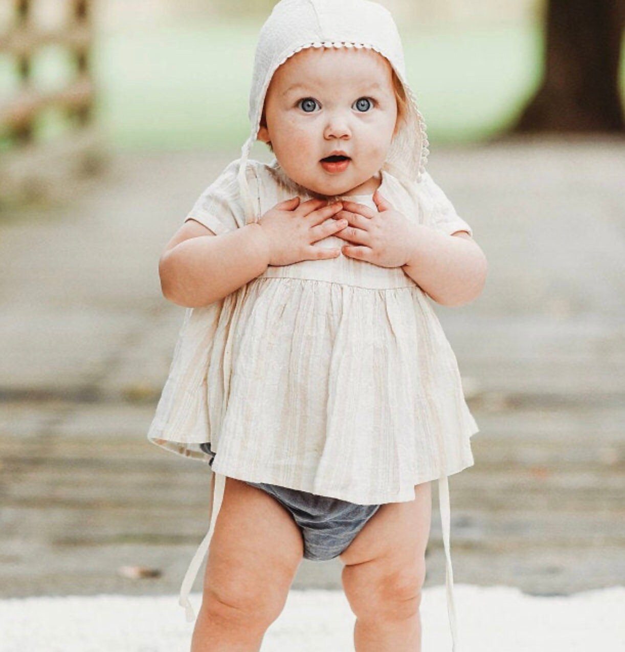 Lace Trim Baby Bonnet: Cream Double Gauze Cotton Sun Hat