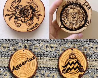 Zodiac sign wood burned art magnets