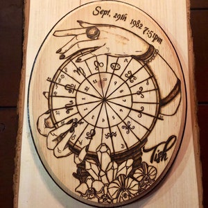 Arte pirograbado en madera de carta natal personalizada