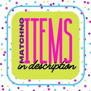 Puede incluir: Gr&aacute;fico cuadrado con fondo verde claro y borde azul. La palabra "ITEMS" est&aacute; en letras grandes de color rosa brillante. Tambi&eacute;n se incluyen las palabras "MATCHING" y "in description".