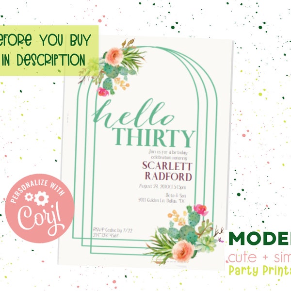 Boho Birthday Party Invite | Cactus succulent Birthday Invite | Editable Modern Invite | 30th Adult Birthday | Instant Download