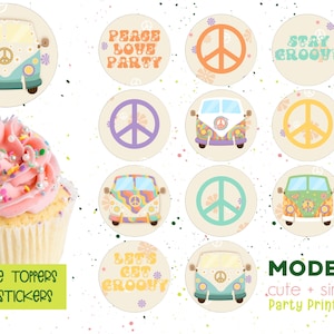 Hauts de forme hippie Flower Power Cupcake | Signe de paix VW Van anniversaire autocollants | Décor de fête hippie | Étiquettes rétro d'amour de paix | Téléchargement instantané
