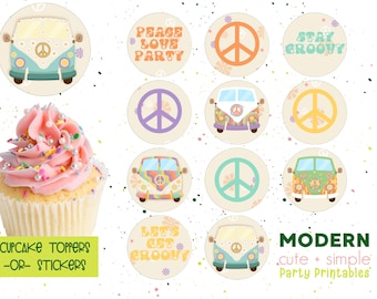 Hippie Flower Power Cupcake Toppers / Signo de la paz VW Van pegatinas de cumpleaños / Decoración de fiesta hippie / Etiquetas retro de amor de paz / Descarga instantánea