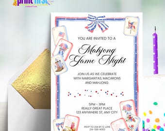 Red, White and Blue Mahjong Invitation Template | Corjl Editable