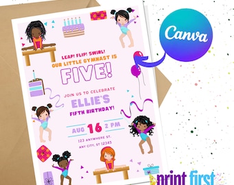 Little Gymnast Party Invitation | Gym Gymnastics Party Invite | Editable Customizable Template 5x7 | Canva Digital Download