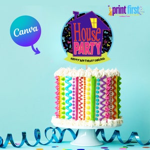 House Party Cake Topper | Throwback 90s Party Centerpiece | Editable Customizable Template | Canva Digital Download