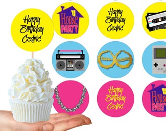 90er Jahre Hausparty Cupcake Toppers Printable | Geburtstagsfeier 2 &quot;&quot;Rounds Label | Bearbeitbare Vorlage DIY | Corjl Digital Download.&quot;