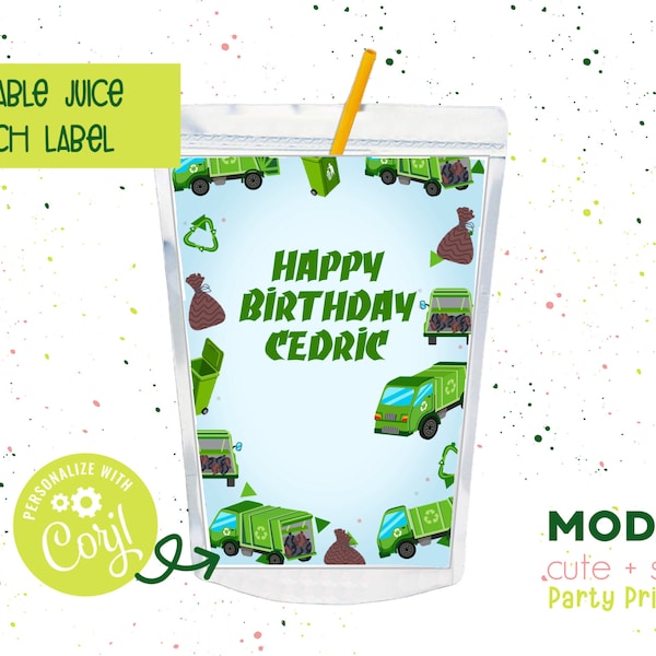 Trash Truck Birthday Party Juice Pouch Label | Dump Truck Party  | Garbage Recycle | Capri Sun | Digital Download