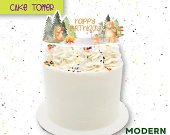 Happy Camper Cake Topper or Centerpiece | Camping Birthday Stickers | Teddy Bear Camp Fire Party Decors | Instant Download