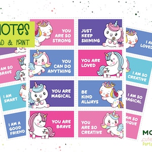 16 Druckbare Einhorn-Lunchbox-Notizen für Kinder | Druckbarer digitaler Download | Brotdose Motivations Witze