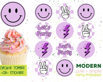 Let's Party Smile Checkered Invitation | Party Invite | Pastel Purple Bolt | Round Label | Instant Download Digital Printable