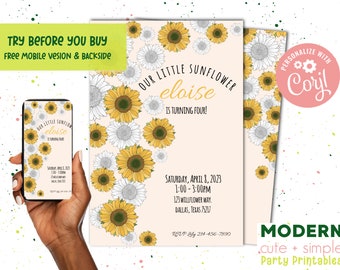Little Sunflower Birthday Invitation | Wildflower Birthday| Floral elegant Invite | Instant Download Editable Digital Template Corjl