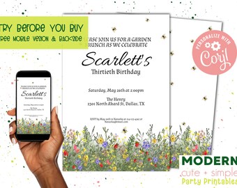 Summer Floral Garden Party Invitation | Brunch Invite | Mother's Day Invite | Printable Instant Download | Corjl Editable Template