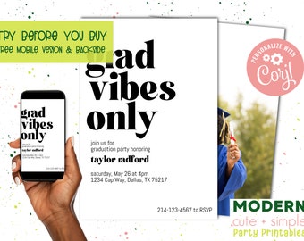 Grad Vibes Only Graduation Party Invitation | Class of 2023 |Retro Grad Invite | Printable Instant Download | Corjl Editable Template