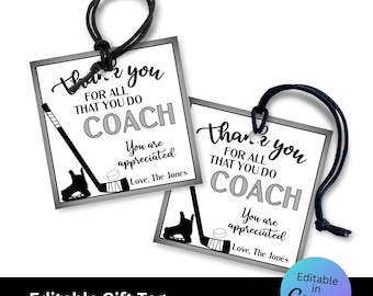 Merci entraîneur de hockey 5 x 2 cm - étiquette cadeau entraîneur, remerciements pour l'école, entraîneur incroyable, fin de saison imprimable, modèle modifiable DIY | Canva